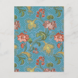 Postal Diseño de brocado dorado floral de damasco azul an