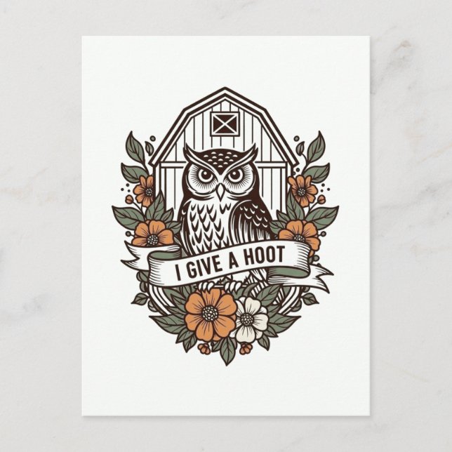 Postal Diseño de búho retro barn 'I do hoot' (Anverso)