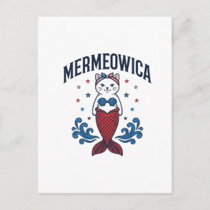 Postal Diseño de camiseta de sirena gato patriota Mermeow