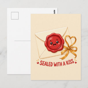 Postal Diseño de carta de amor lindo sellado con un beso