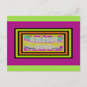 Postal diseño de casa morado verde rojo borde