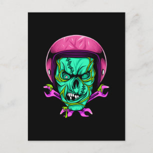 Postal Diseño de casco de motociclista con calavera zombi