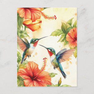 Postal Diseño de colibrí acuarela y flores