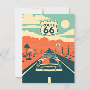 Postal Diseño de contraste de la ruta 66 con coche clásic