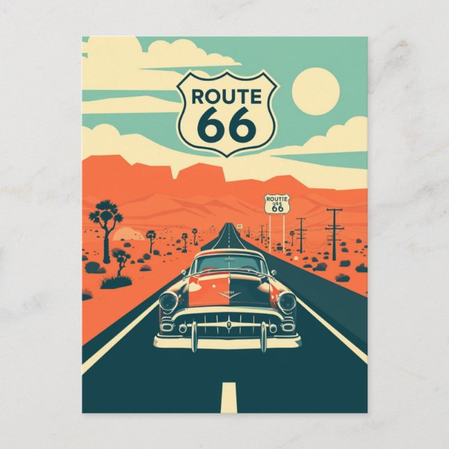 Postal Diseño de contraste de la ruta 66 con coche clásic (Anverso)