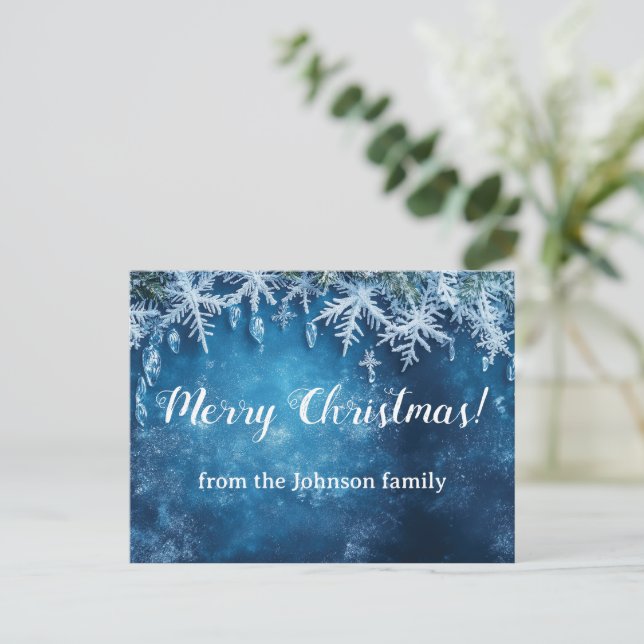 Postal Diseño de copos de nieve azules y Navidades de hie (Anverso de pie)