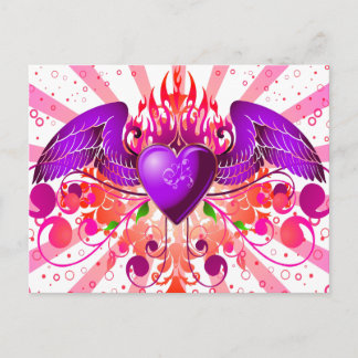 Postal Diseño de corazón alado grunge púrpura