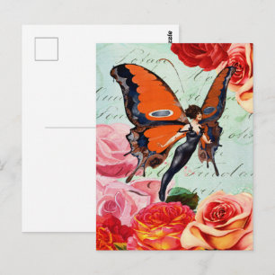 Postal Diseño de cosecha de Rosa de mariposa flapor