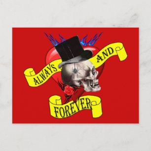 Postal Diseño de cráneo romántico y tatuajes cardíacos