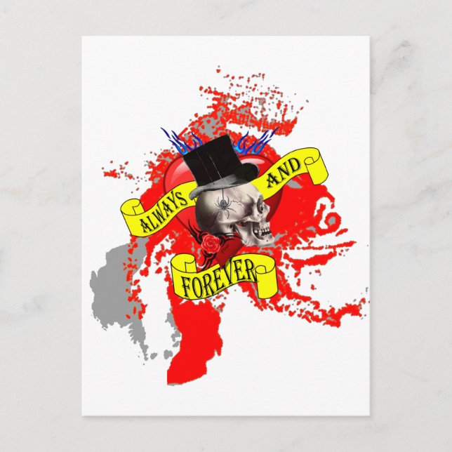 Postal Diseño de cráneo romántico y tatuajes cardíacos (Anverso)