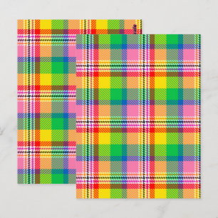 Postal Diseño de cuadros Madras en rosa, verde y amarillo