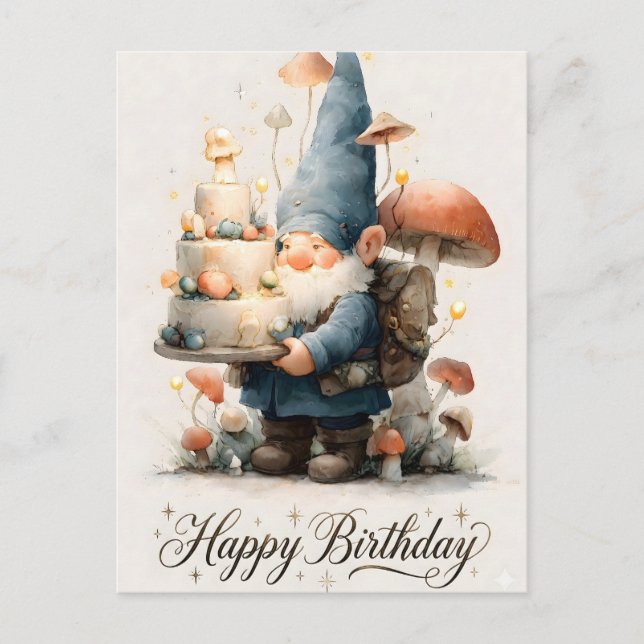 Postal Diseño de cumpleaños de gnomo con acuarela y paste (Anverso)
