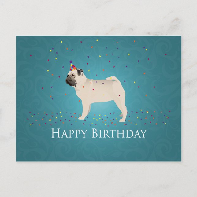 Postal Diseño de cumpleaños de Pug (Anverso)
