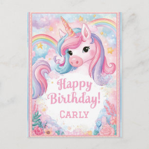 Postal Diseño de cumpleaños de unicornio mágico con arcoí