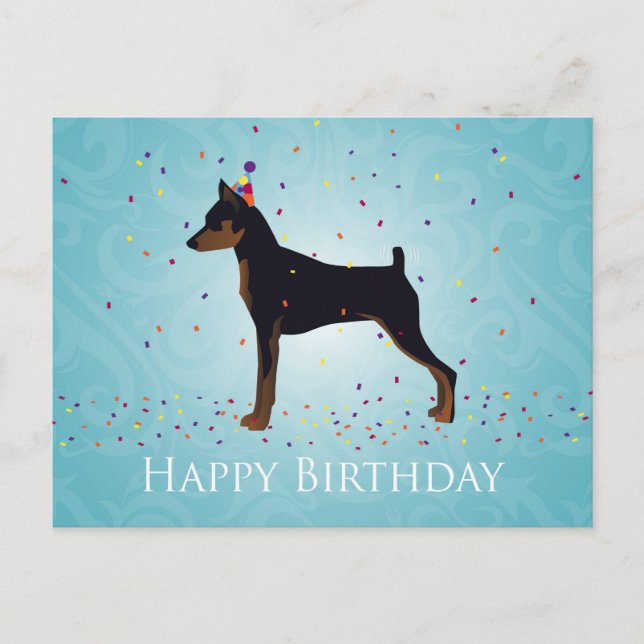 Postal Diseño de cumpleaños feliz de Pinscher en miniatur (Anverso)