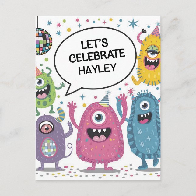 Postal Diseño de cumpleaños para niños Fiesta de monstruo (Anverso)