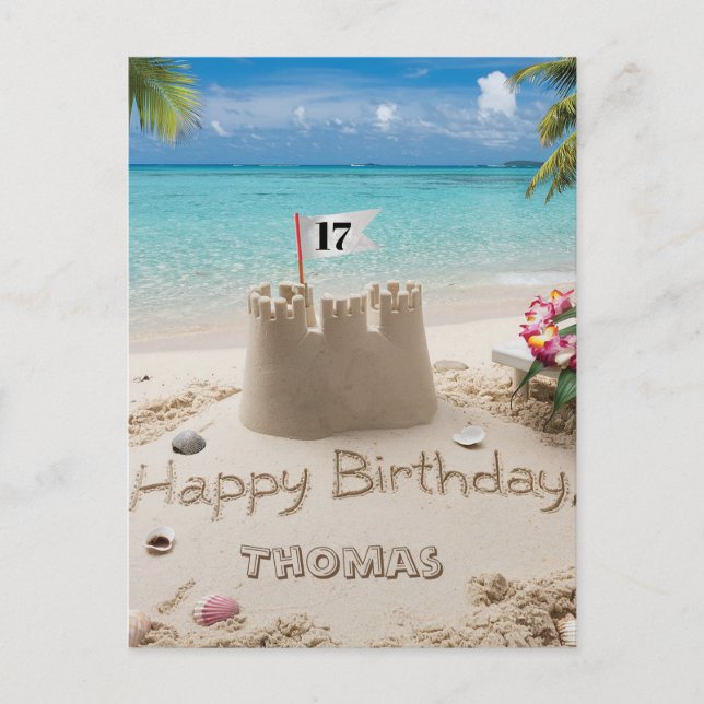 Postal Diseño de cumpleaños personalizado en la playa (Anverso)