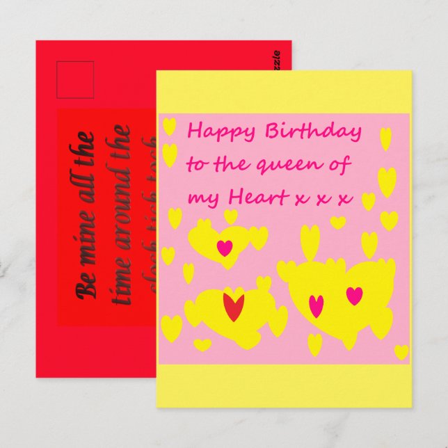 Postal Diseño de cumpleaños rosa y amarillo con mensaje e (Anverso / Reverso)