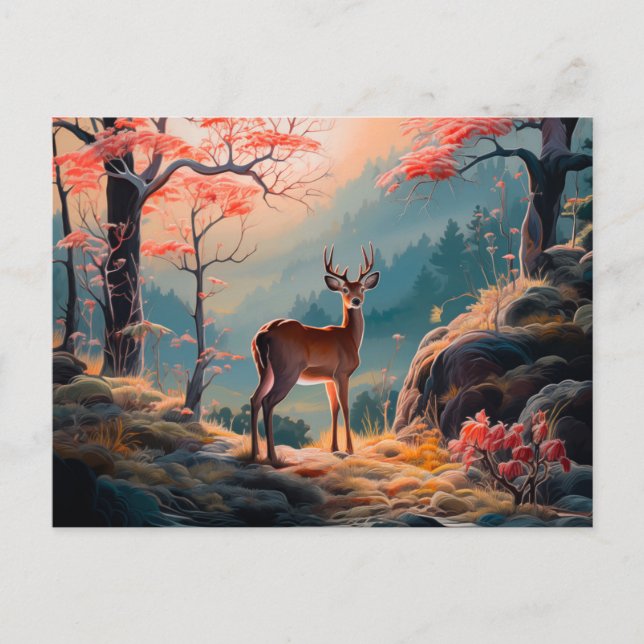 Postal Diseño de escena forestal de ciervos otoñales enca (Anverso)