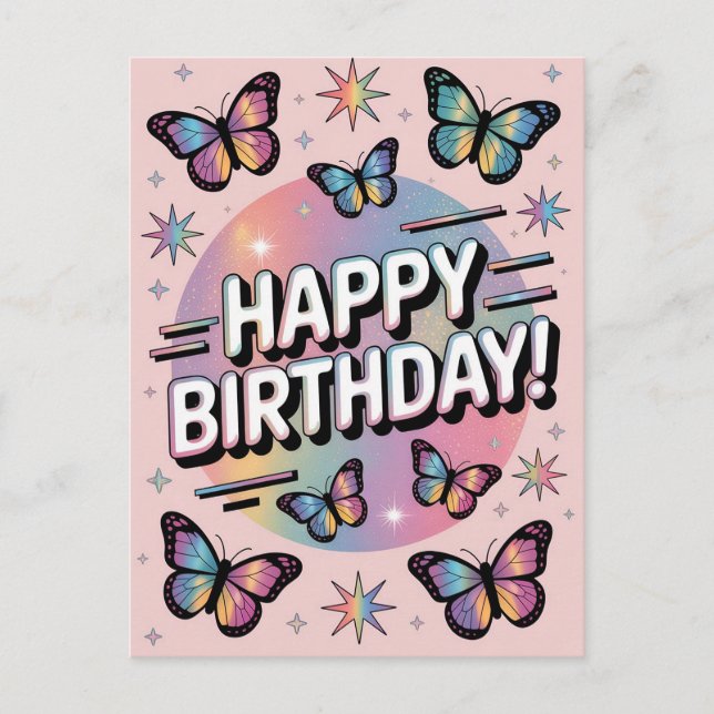 Postal Diseño de Feliz Cumpleaños con Mariposas Coloridas (Anverso)
