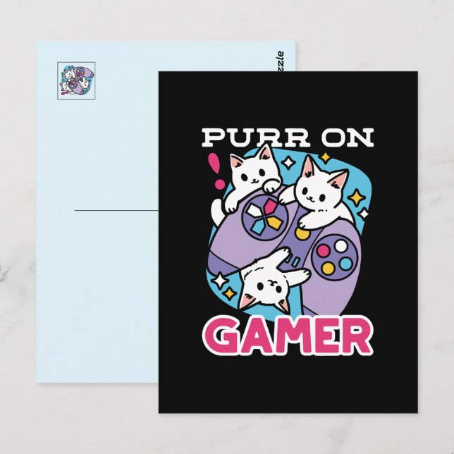 Postal Diseño De Gato Gamer - Purr En El Arte De Joystick (Anverso / Reverso)
