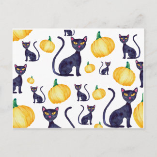 Postal Diseño De Gatos Negros Y Calabazas Naranjas De Hal