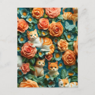 Postal Diseño de gatos y flores