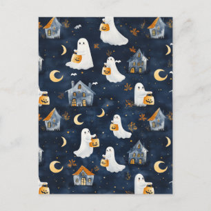 Postal Diseño de Halloween con fantasmas y calabazas