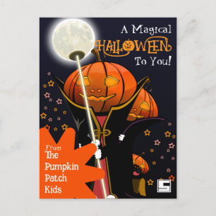 Postal Diseño de Halloween de niños vampiros calabaza lin