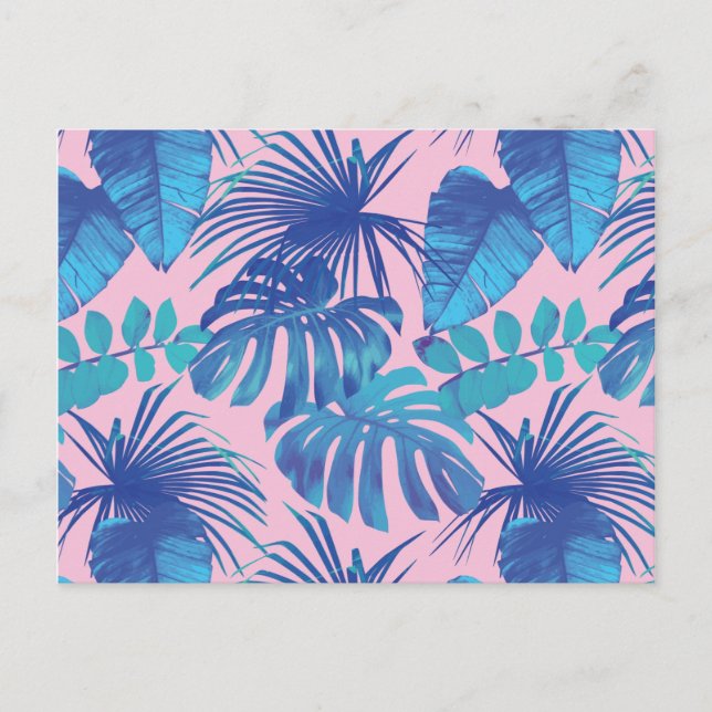 Postal Diseño de hoja tropical rosa y azul (Anverso)