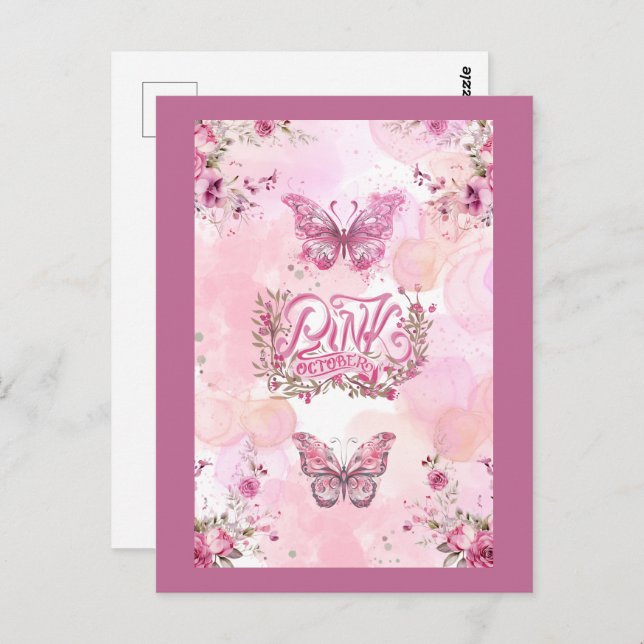 Postal Diseño de la cinta de la flor de conciencia rosa d (Anverso / Reverso)