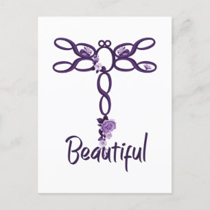 Postal Diseño de libélula morada "bella" floral