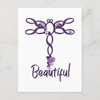 Postal Diseño de libélula morada "bella" floral