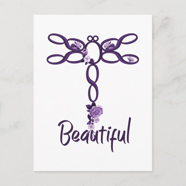 Postal Diseño de libélula morada "bella" floral (Anverso)