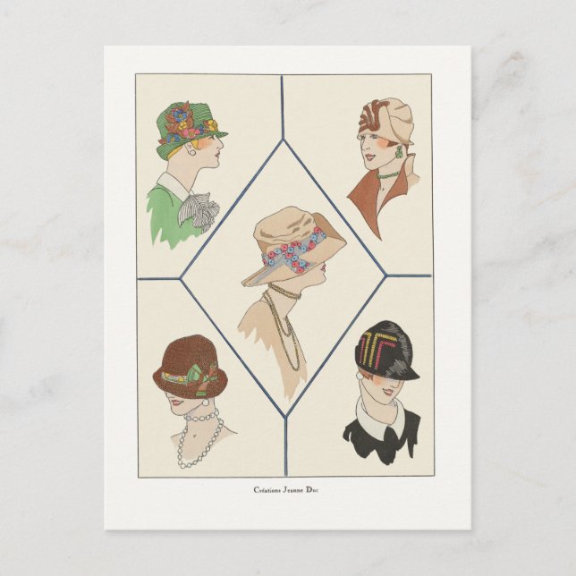 Postal Diseño de moda Art Deco Mujeres en Gorras, años 20 (Anverso)