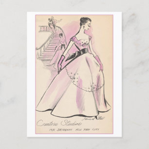 Postal Diseño de moda vintage para traje nocturno