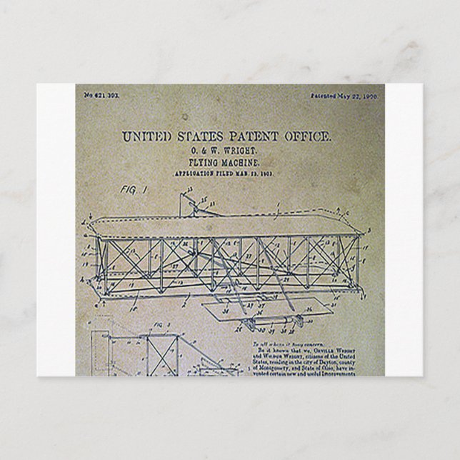 Postal Diseño de patentes de Wright Brothers (Anverso)