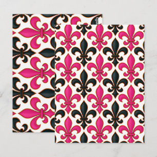 Postal Diseño de patrón barroco flor de lis negro rosa