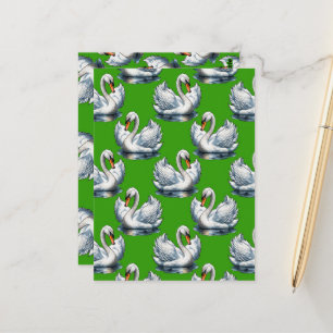 Postal Diseño de patrón de aves cisne en verde 