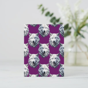 Postal Diseño de patrón de cabeza de lobo blanco púrpura 
