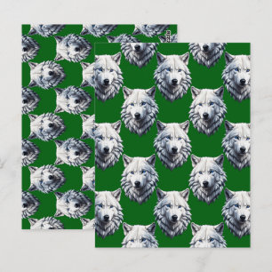 Postal Diseño de patrón de cabeza de lobo blanco verde