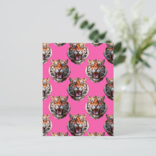 Postal Diseño de patrón de cabeza de tigre rosa