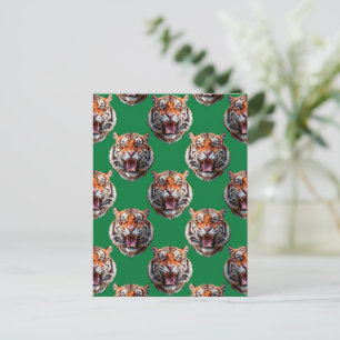 Postal Diseño de patrón de cabeza de tigre verde