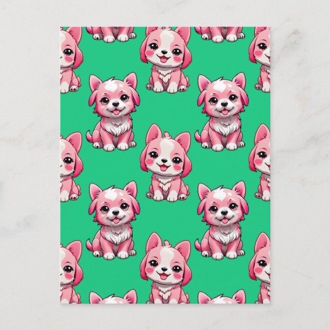 Postal Diseño de patrón de cachorro rosa - Verde  (Anverso)