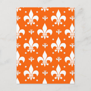 Postal Diseño de patrón de flor de lis con fondo naranja