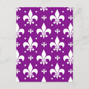Postal Diseño de patrón de flor de lis con fondo púrpura