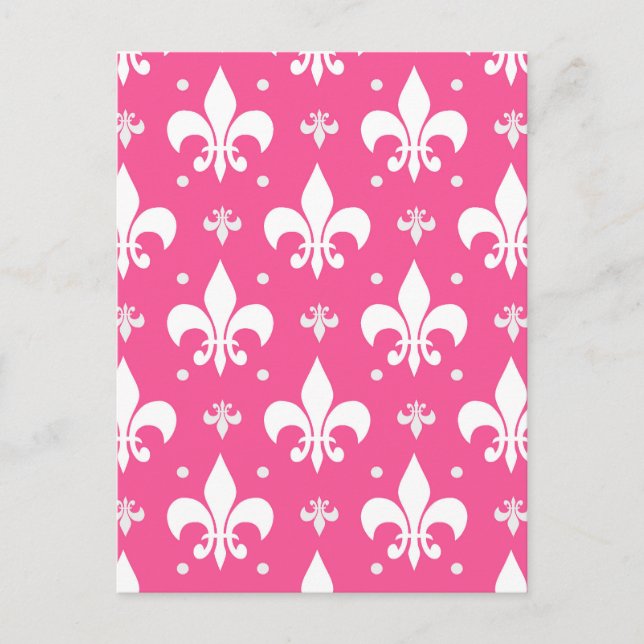 Postal Diseño de patrón de flor de lis con fondo rosa (Anverso)