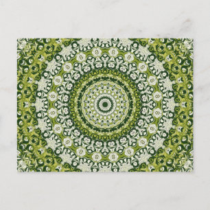 Postal Diseño de patrón de mandala verde y blanco