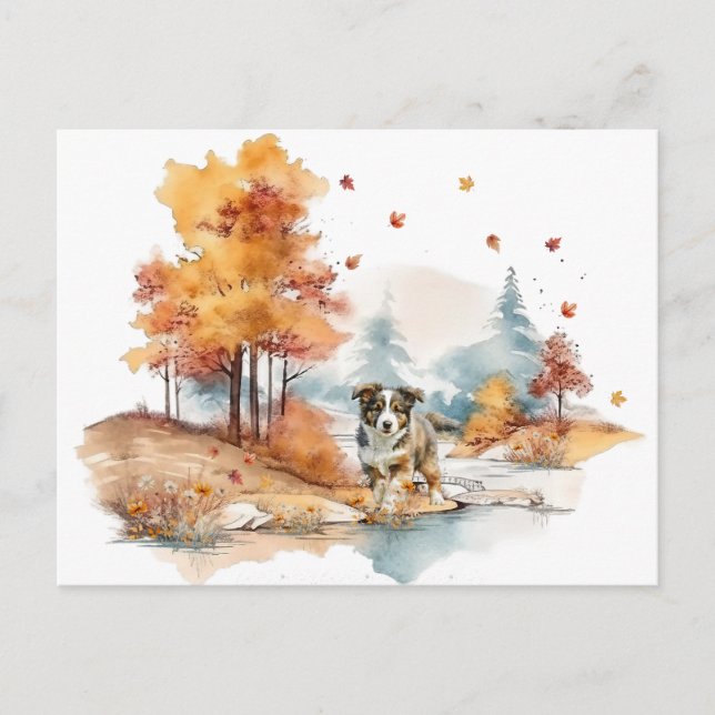 Postal Diseño de perro de acuarela de otoño - Pastor Aust (Anverso)