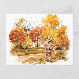 Postal Diseño de perro de acuarela de otoño - Retriever d